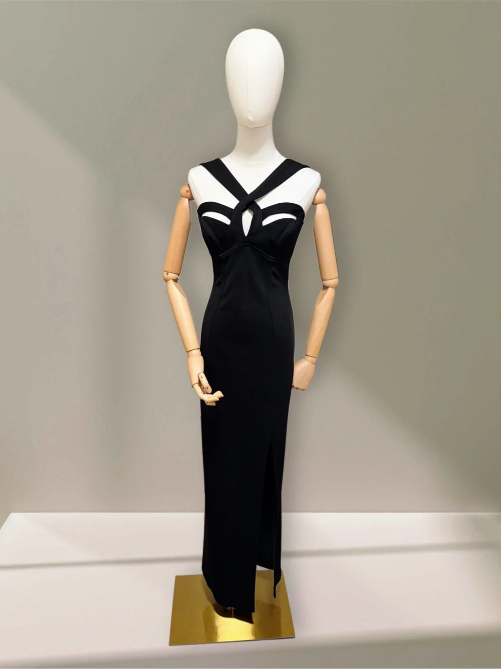 Vintage Black Cutout Cross-Strap Evening Dress